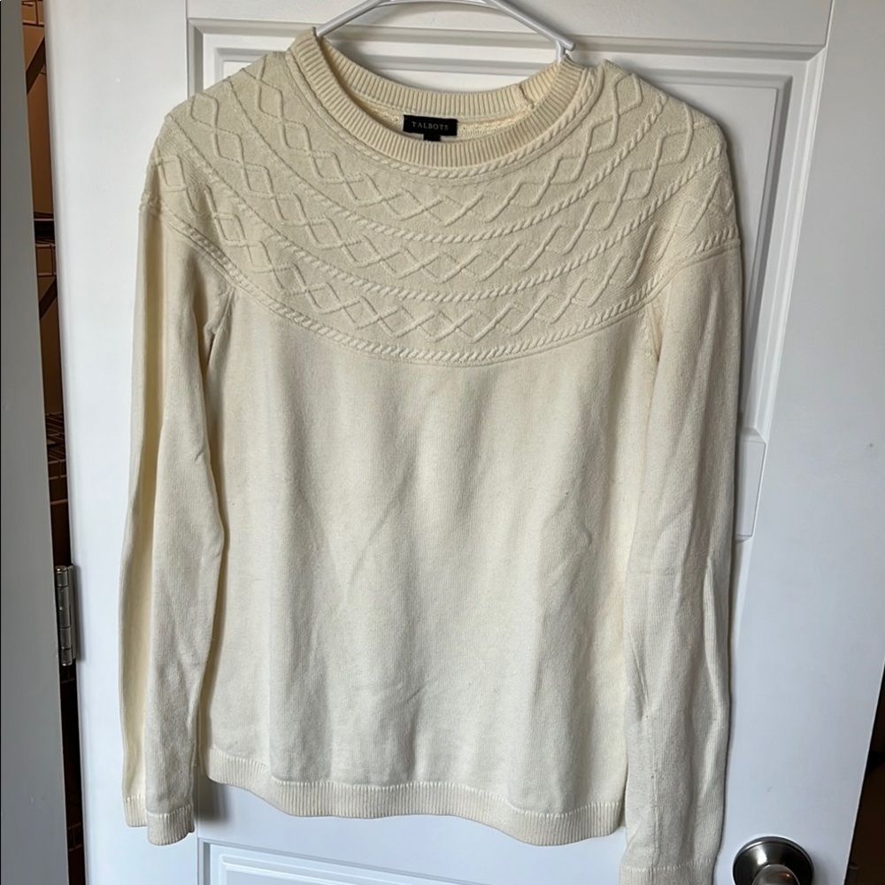 Talbots Cream Crew Neck Sweater with Cable Knit